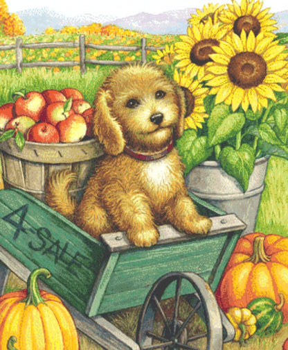 Fall Cockapoo cross stitch pattern by Rose Mary Berlin/Ansada Art Licensing Group, LLC