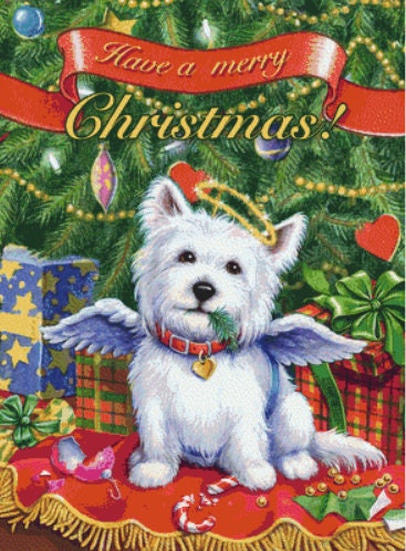 Christmas Westie Angel cross stitch pattern by Rose Mary Berlin/Ansada Art Licensing Group, LLC.