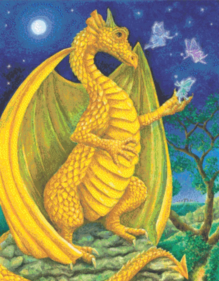 Yellow Dragon Faerie Friend cross stitch pattern by Wendy Andrew of PaintingDreams