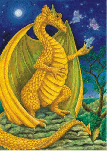Yellow Dragon Faerie Friend cross stitch pattern by Wendy Andrew of PaintingDreams