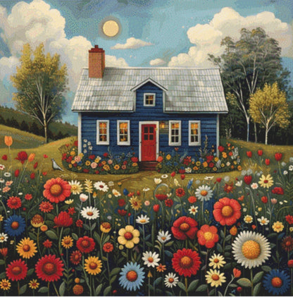 Blue House and Flowers cross stitch pattern by Eder Jose Rosa