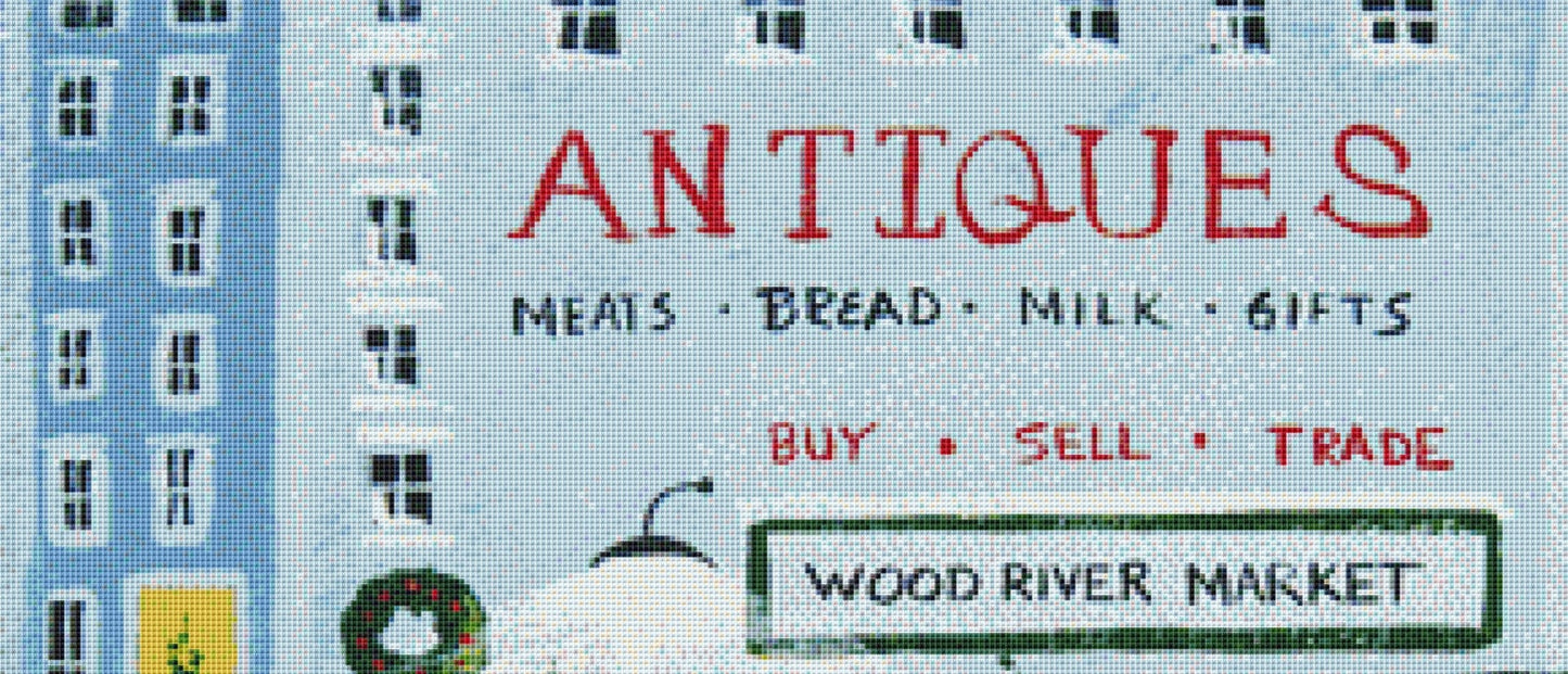 Wood River Market cross stitch pattern by Patrick Gauthier