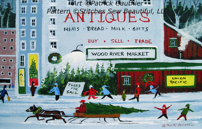 Wood River Market cross stitch pattern by Patrick Gauthier