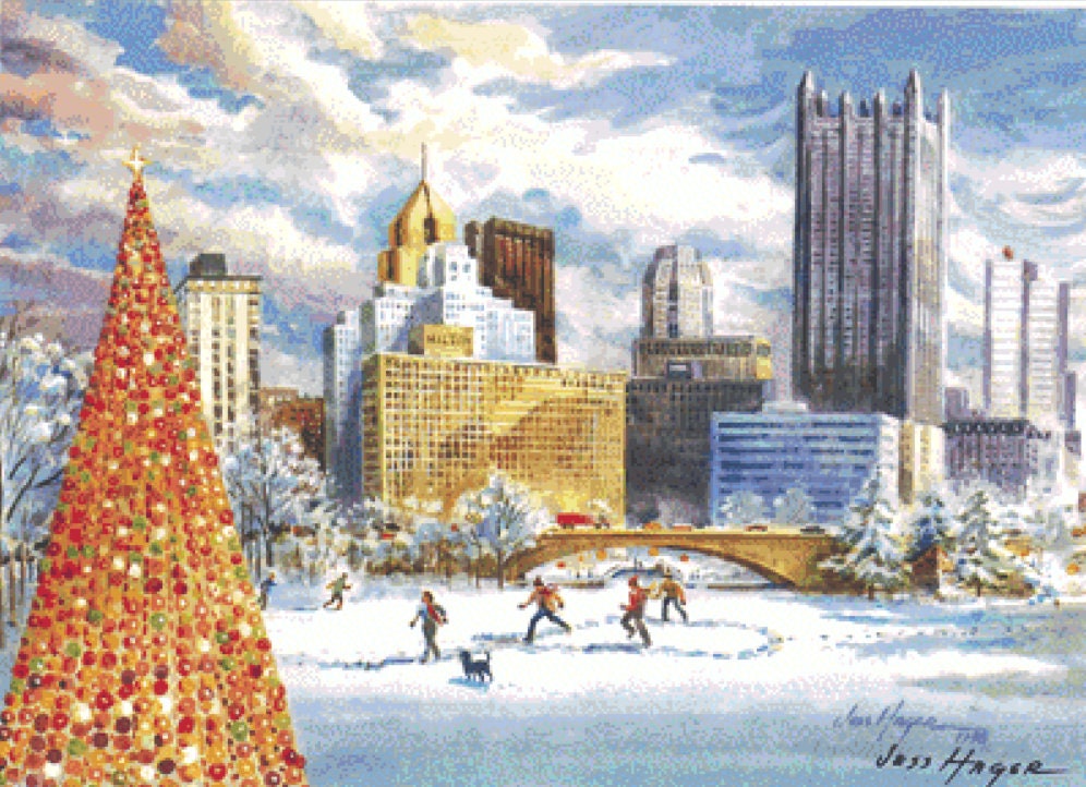 Skating at the Pond cross stitch pattern by Jess Hager/Ansada Art Licensing Group, LLC.