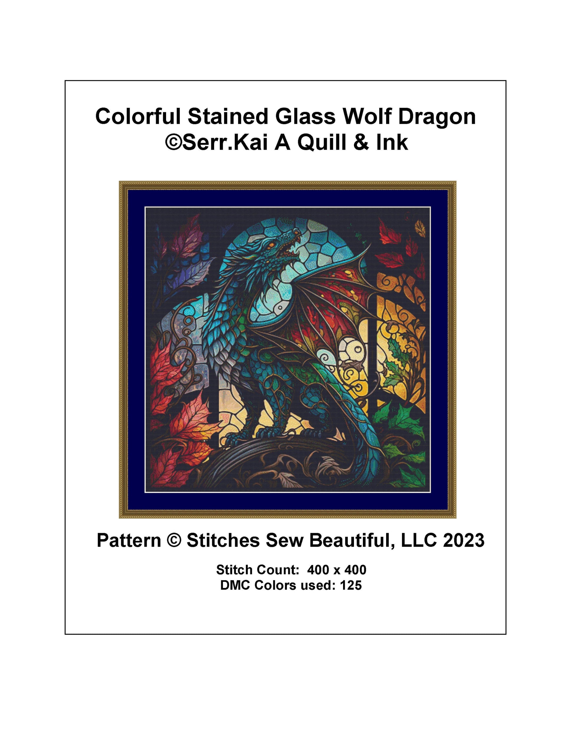 Colorful Stained Glass Wolf Dragon cross stitch pattern by Serr.Kai A Quill & Ink