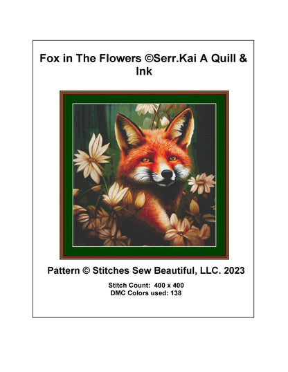 Fox in The Flowers cross stitch pattern Serr.Kai A Quill & Ink