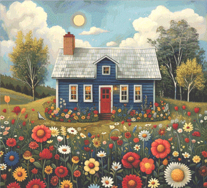 Blue House and Flowers cross stitch pattern by Eder Jose Rosa