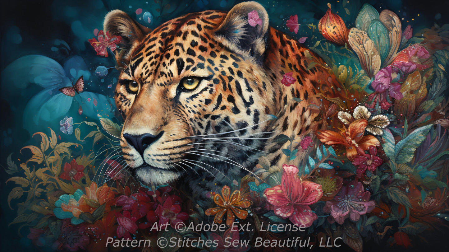 Leopard in Flowers ©Adobe Ext. License cross stitch pattern by StitchesSewBeautiful