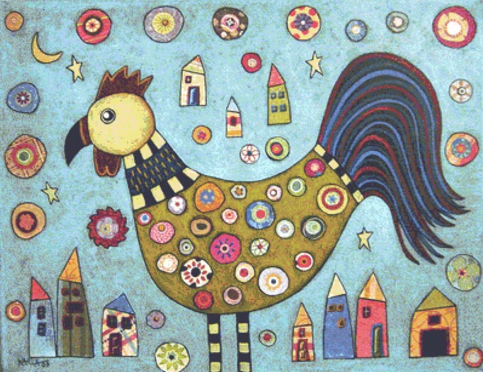 Rooster Collage On Blue cross stitch pattern by Karla Gerard