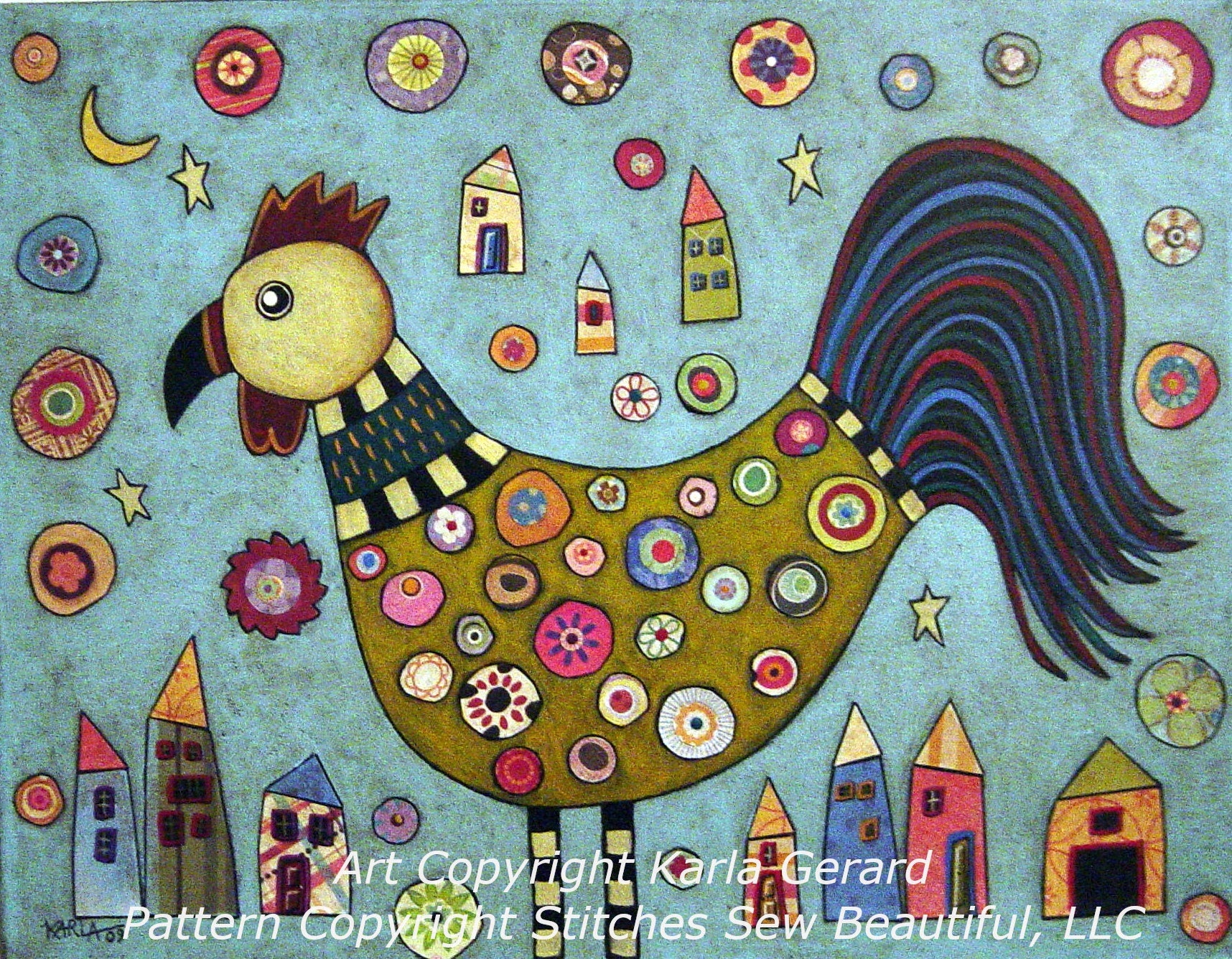 Rooster Collage On Blue cross stitch pattern by Karla Gerard