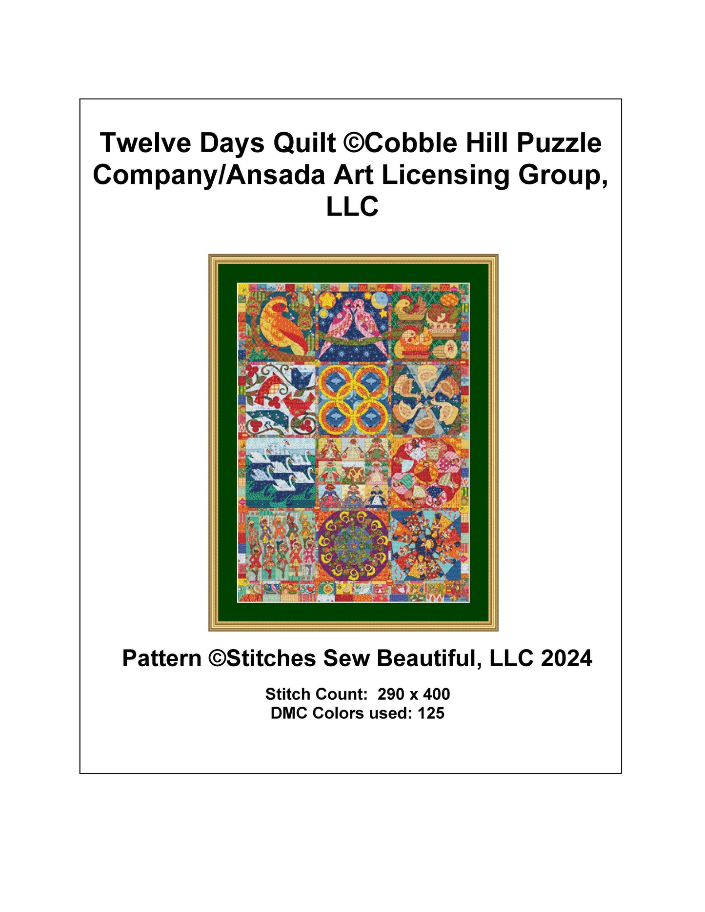 Twelve Days Quilt counted cross stitch pattern by Cobble Hill Puzzle Company/Ansada Art Licensing Group, LLC