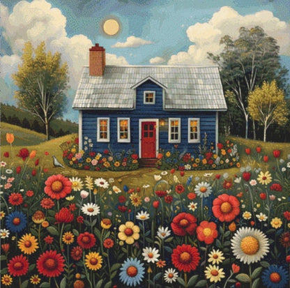 Blue House and Flowers (Max Colors) cross stitch pattern by Eder Jose Rosa