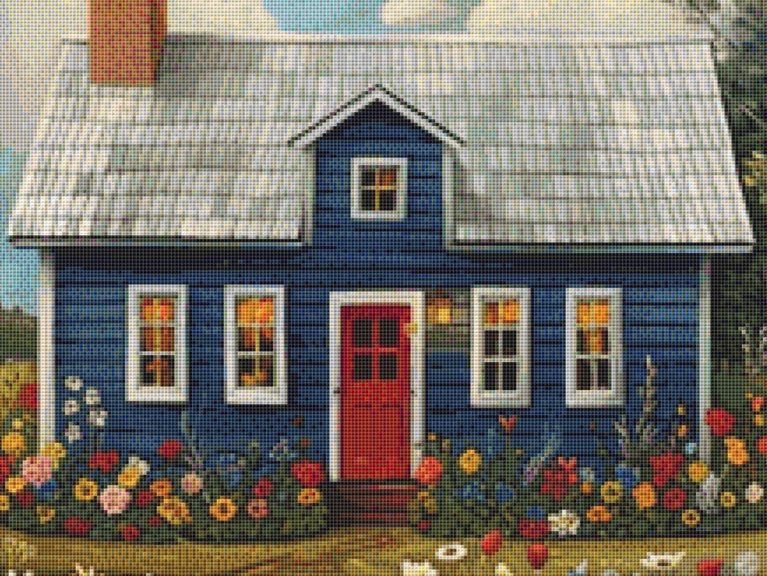 Blue House and Flowers (Max Colors) cross stitch pattern by Eder Jose Rosa