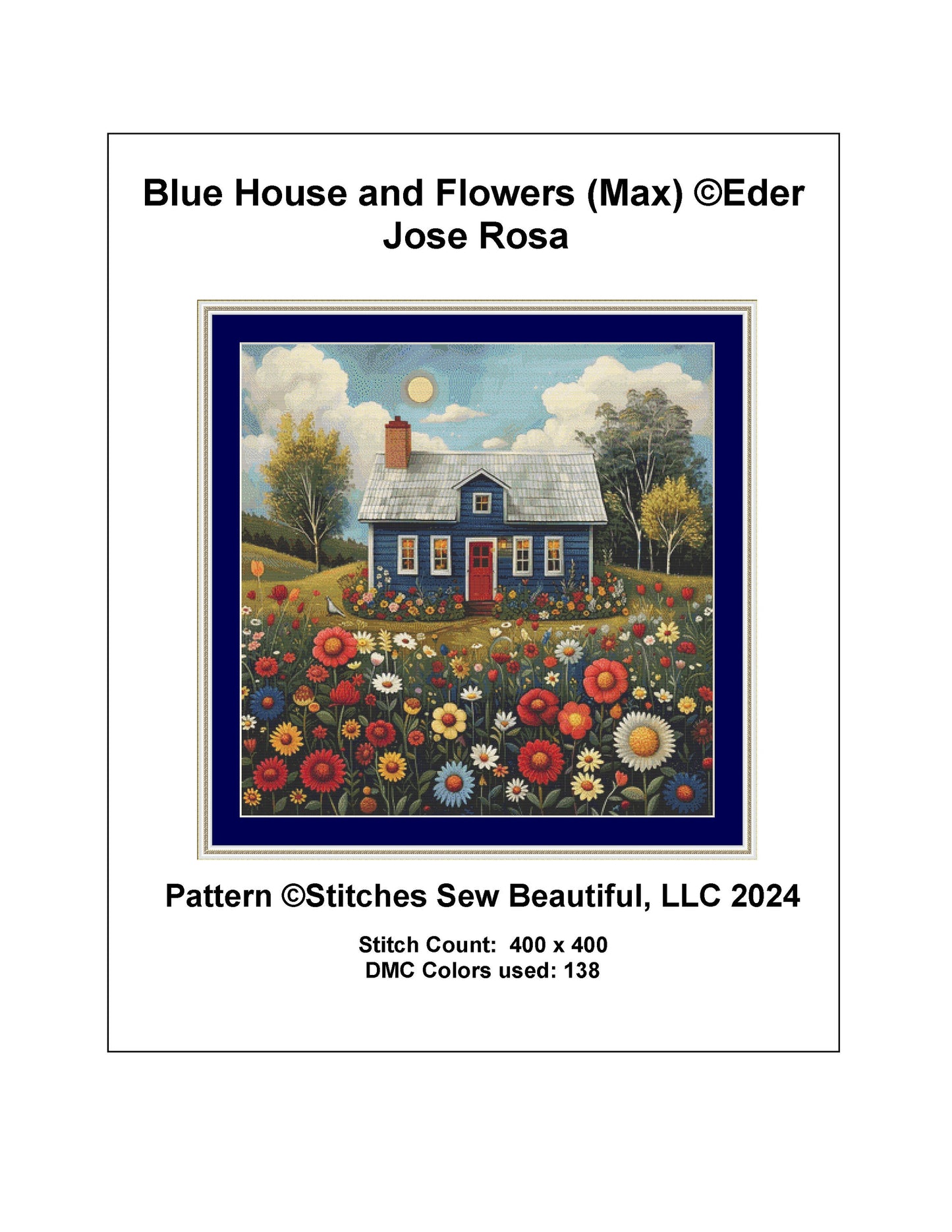 Blue House and Flowers (Max Colors) cross stitch pattern by Eder Jose Rosa
