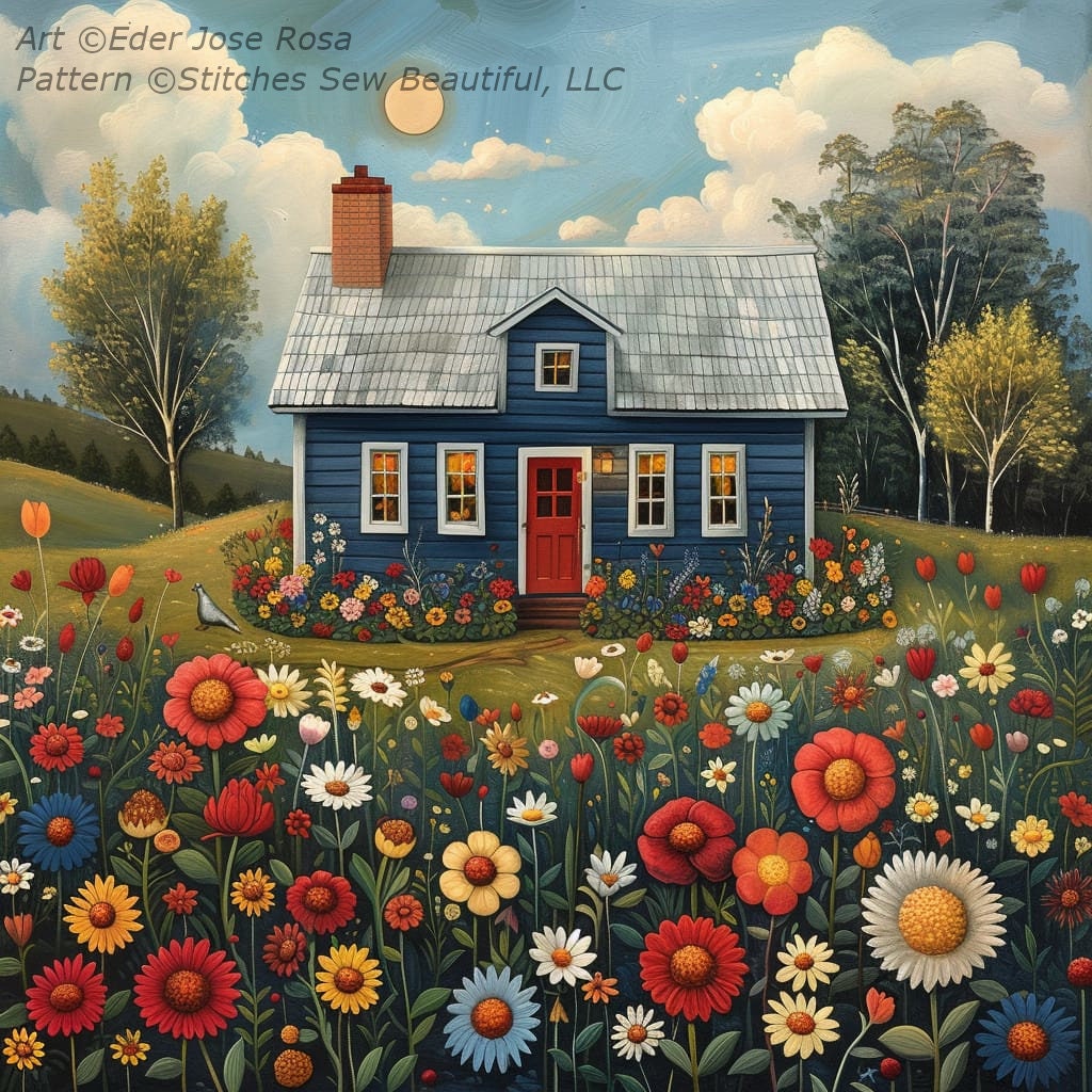 Blue House and Flowers (Max Colors) cross stitch pattern by Eder Jose Rosa