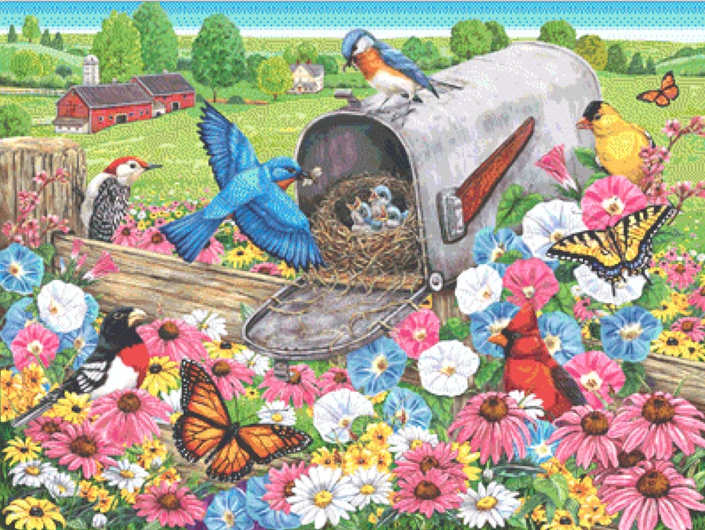 Home Sweet Home Blue Bird and Mailbox (Max Colors) cross stitch pattern by Rose Mary Berlin/Ansada Art Licensing Group, LLC