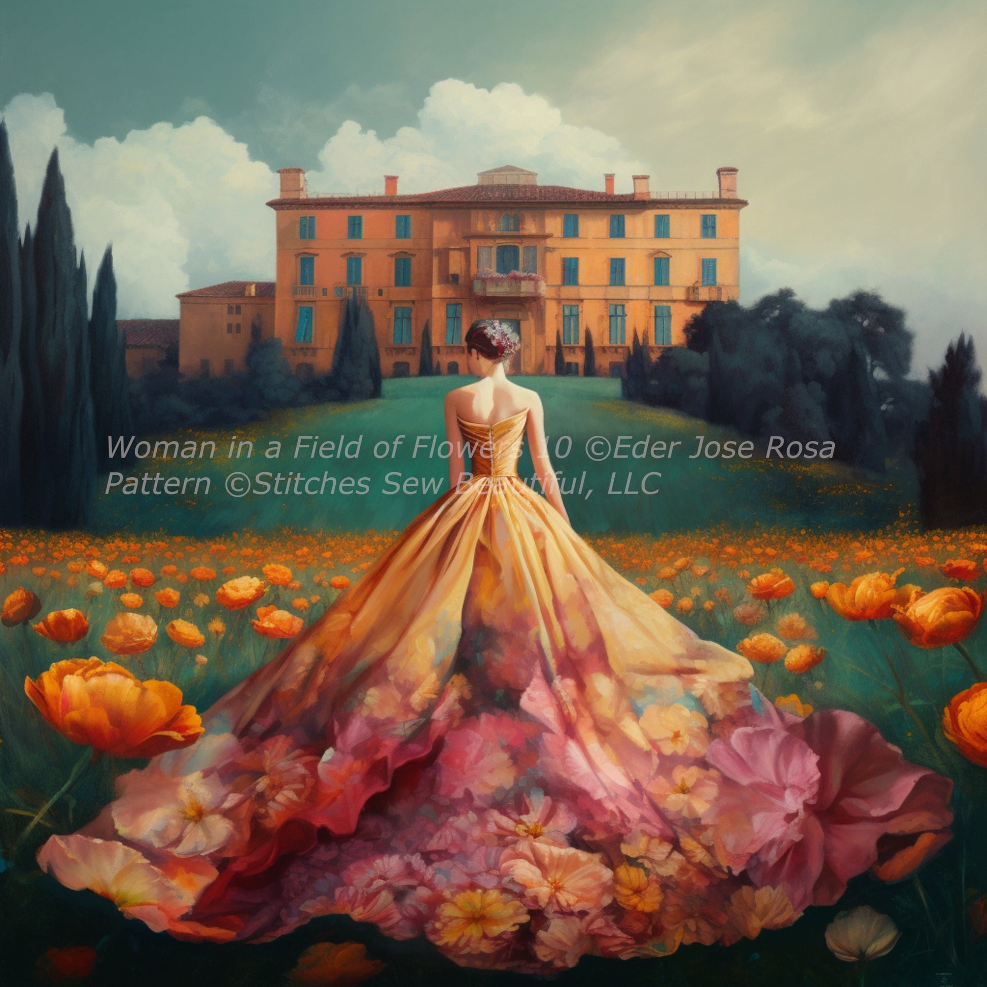 Woman in a Field of Flowers 10 cross stitch pattern by Eder Jose Rosa