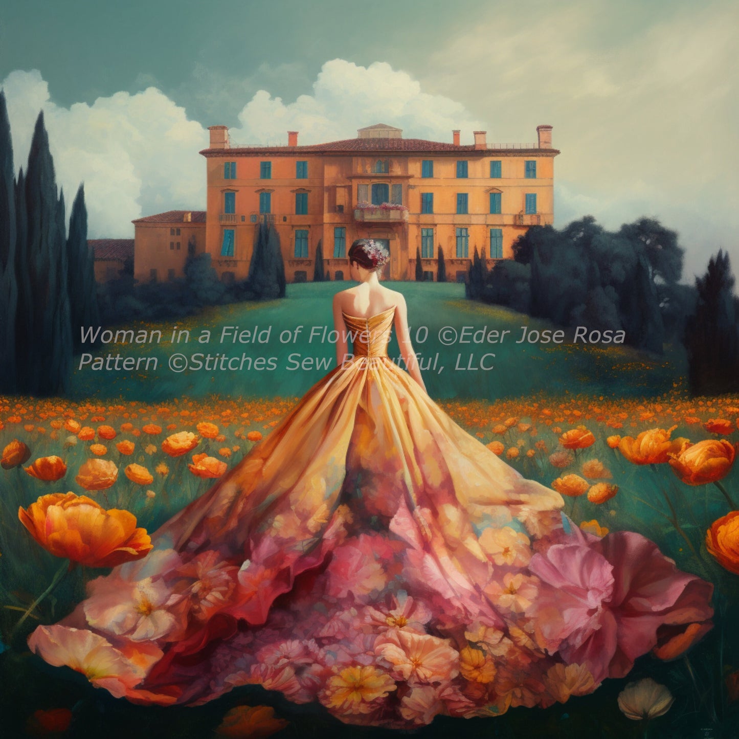 Woman in a Field of Flowers 10 (Small) cross stitch pattern by Eder Jose Rosa