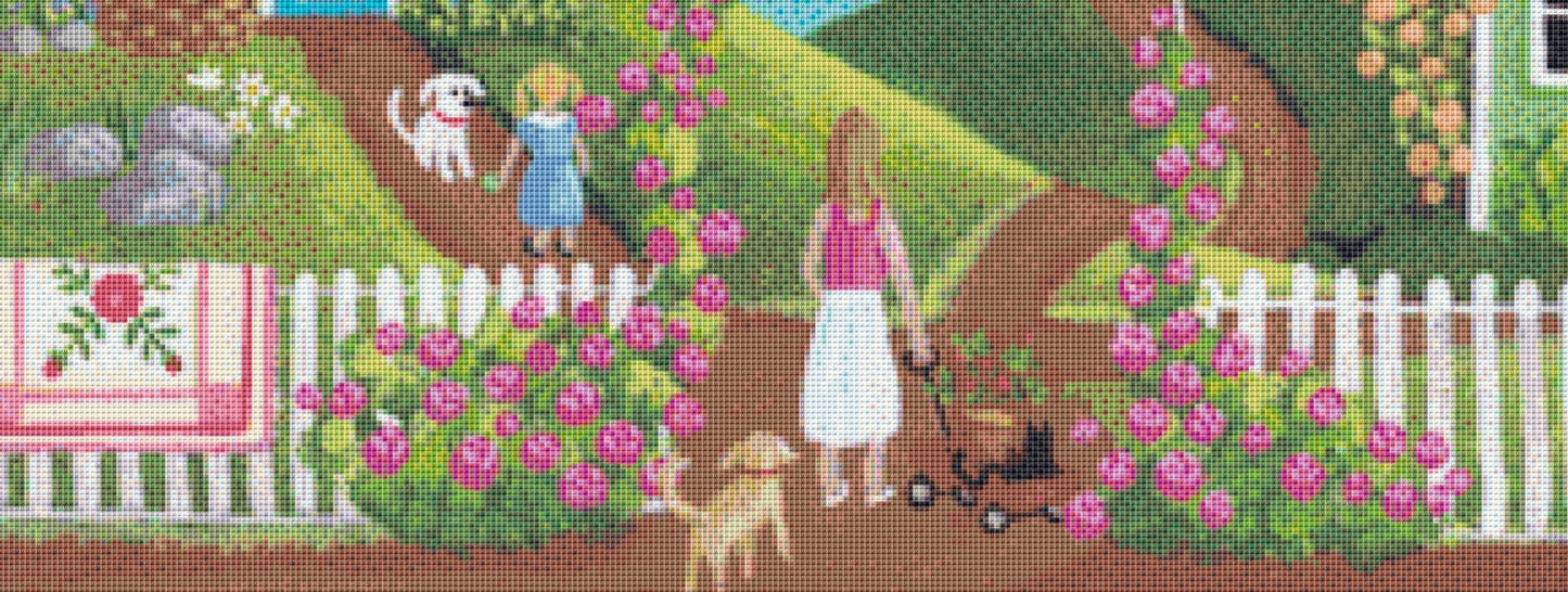 Everythings coming up Roses cross stitch pattern by Kim Leo licensed by JMS Art Licensing