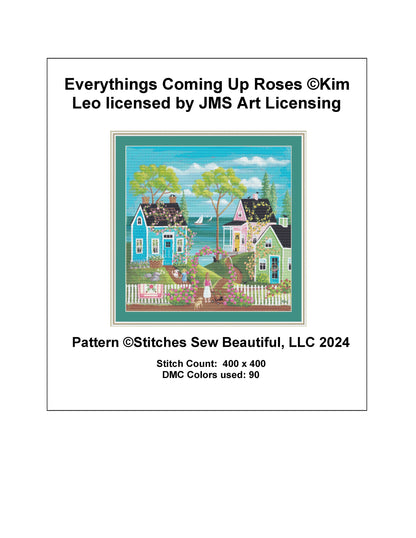Everythings coming up Roses cross stitch pattern by Kim Leo licensed by JMS Art Licensing
