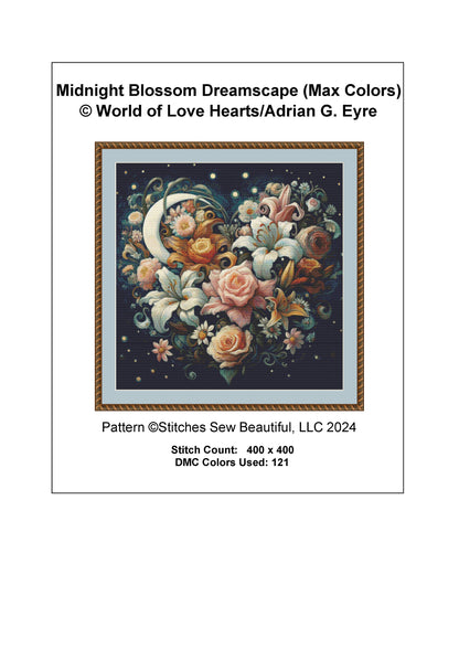 Midnight Blossom Dreamscape (Max Colors) cross stitch pattern by World of Love Hearts/Adrian G. Eyre