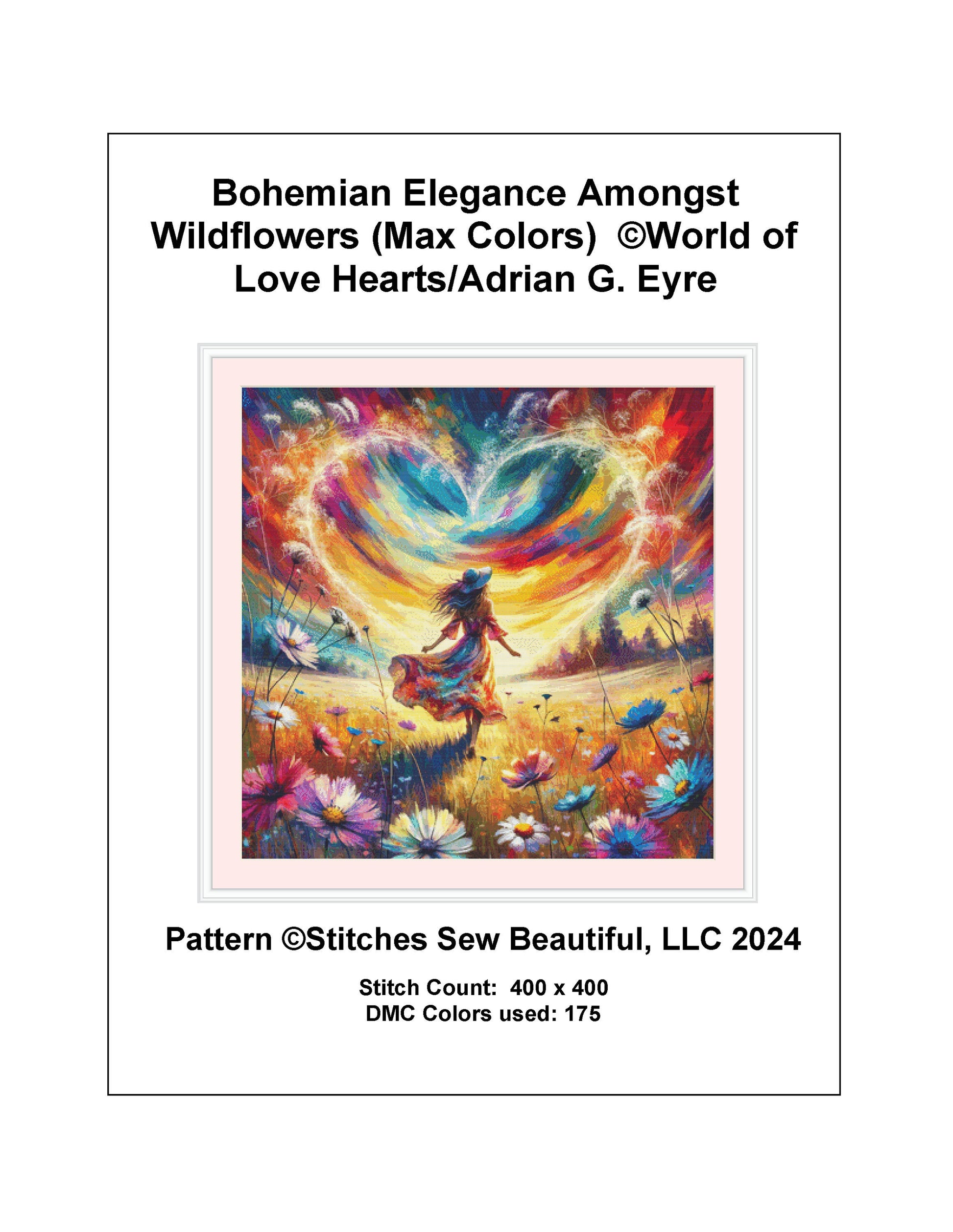 Bohemian Elegance Amongst Wildflowers (Max Colors) cross stitch pattern by World of Love Hearts/Adrian G. Eyre