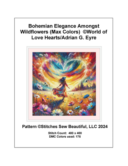 Bohemian Elegance Amongst Wildflowers (Max Colors) cross stitch pattern by World of Love Hearts/Adrian G. Eyre