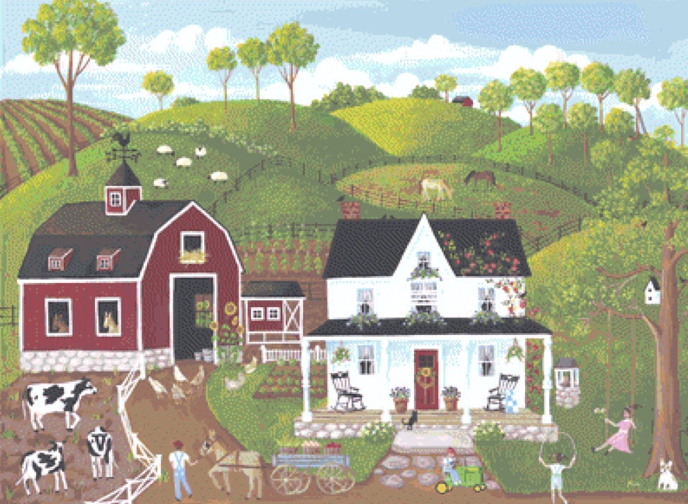 Summer at the Farm cross stitch pattern by Kim Leo licensed by JMS Art Licensing