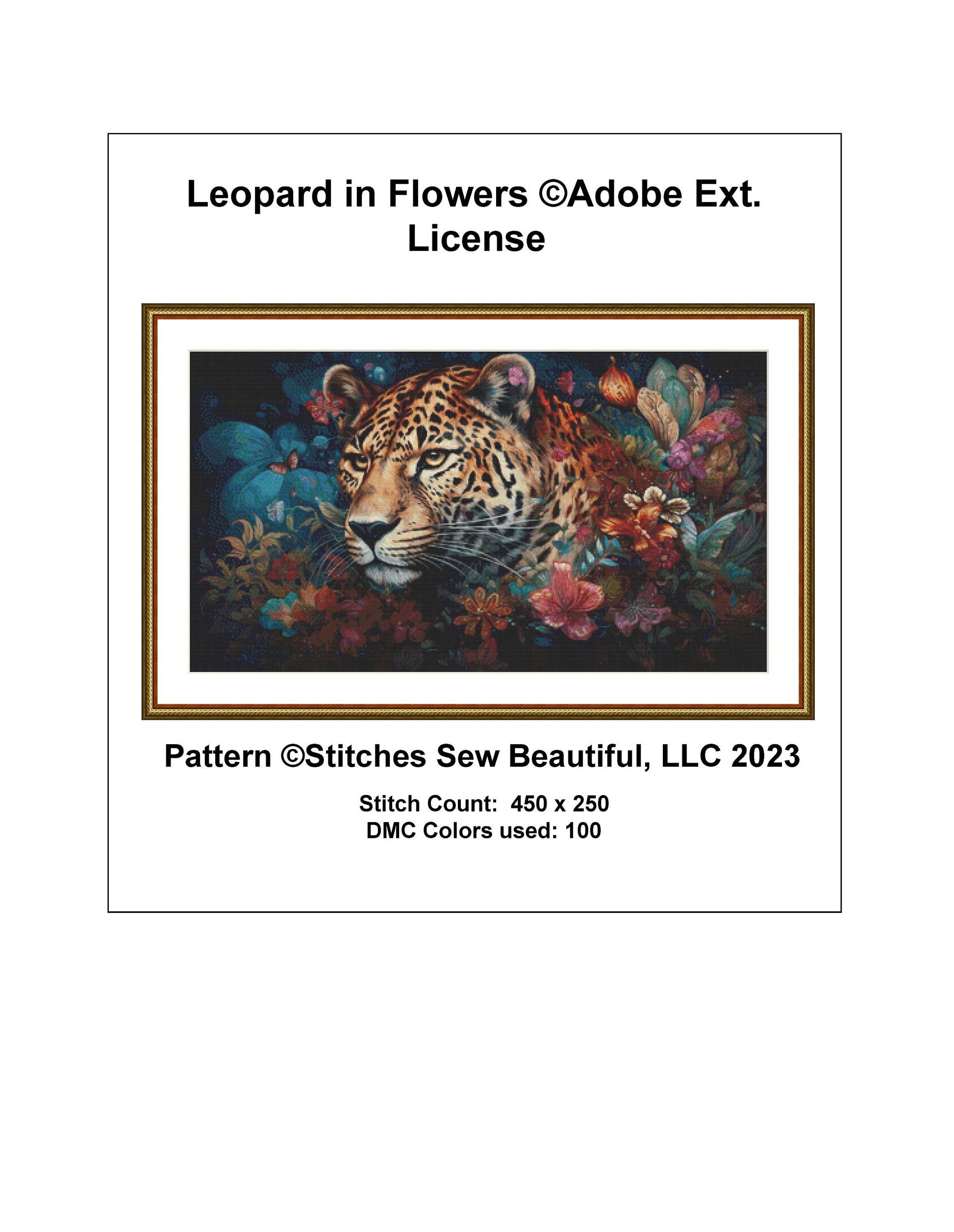 Leopard in Flowers ©Adobe Ext. License cross stitch pattern by StitchesSewBeautiful