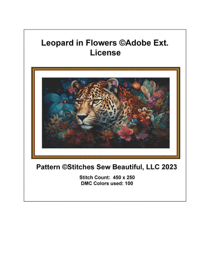 Leopard in Flowers ©Adobe Ext. License cross stitch pattern by StitchesSewBeautiful