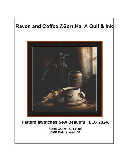 Raven and Coffee cross stitch pattern by Serr.Kai A Quill & Ink
