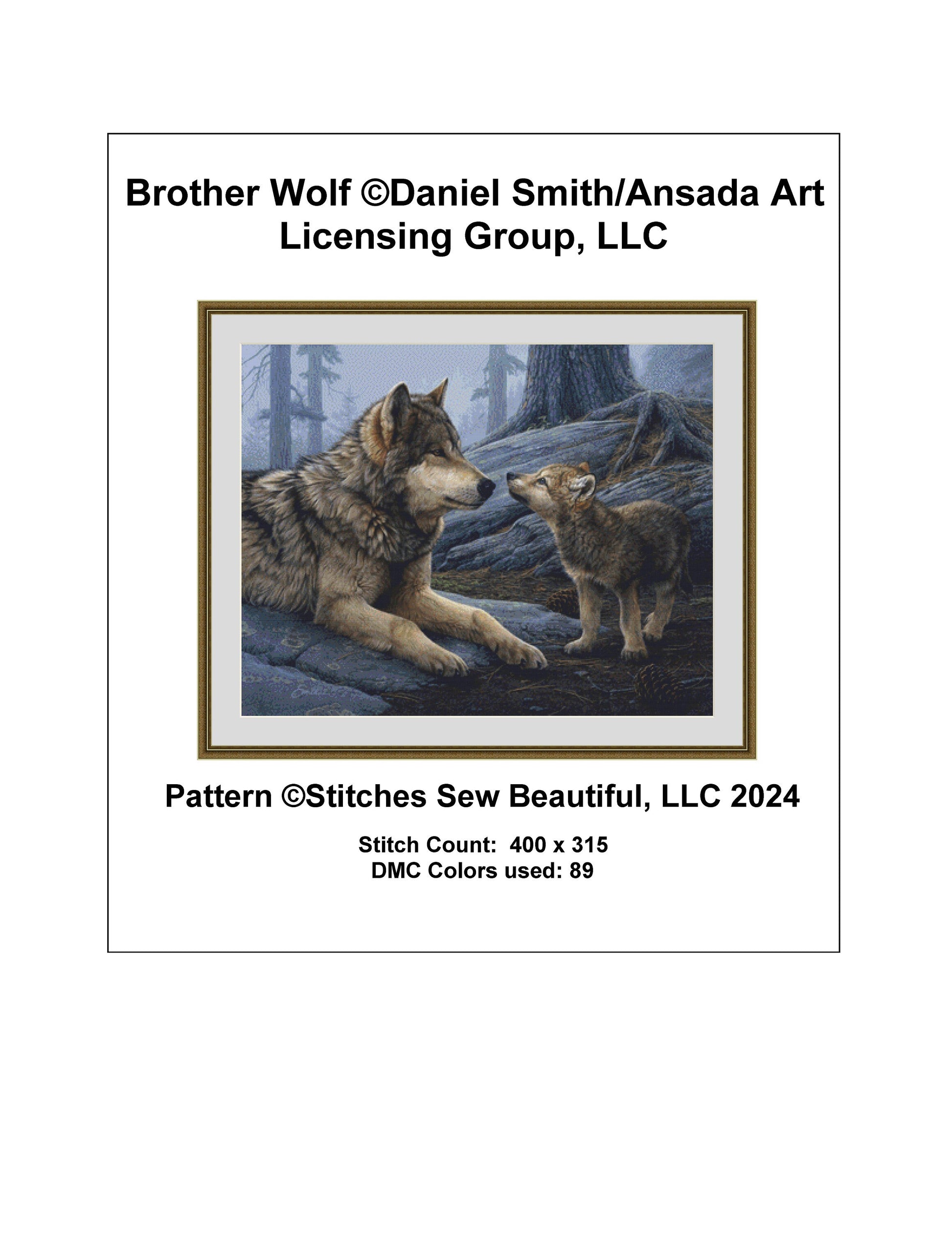 Brother Wolf cross stitch pattern by Daniel Smith/Ansada Art Licensing Group, LLC.