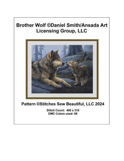 Brother Wolf cross stitch pattern by Daniel Smith/Ansada Art Licensing Group, LLC.