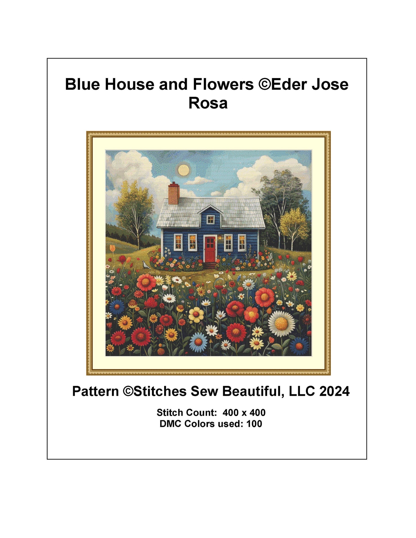 Blue House and Flowers cross stitch pattern by Eder Jose Rosa