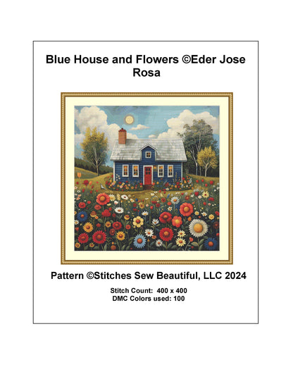 Blue House and Flowers cross stitch pattern by Eder Jose Rosa