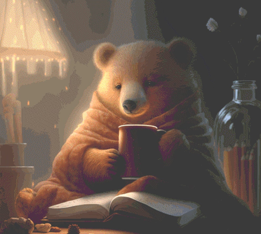 Comfy Bear with Coffee and Book cross stitch pattern by Serr.Kai A Quill & Ink