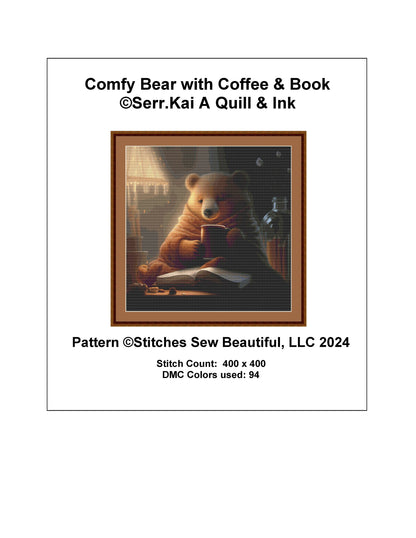 Comfy Bear with Coffee and Book cross stitch pattern by Serr.Kai A Quill & Ink