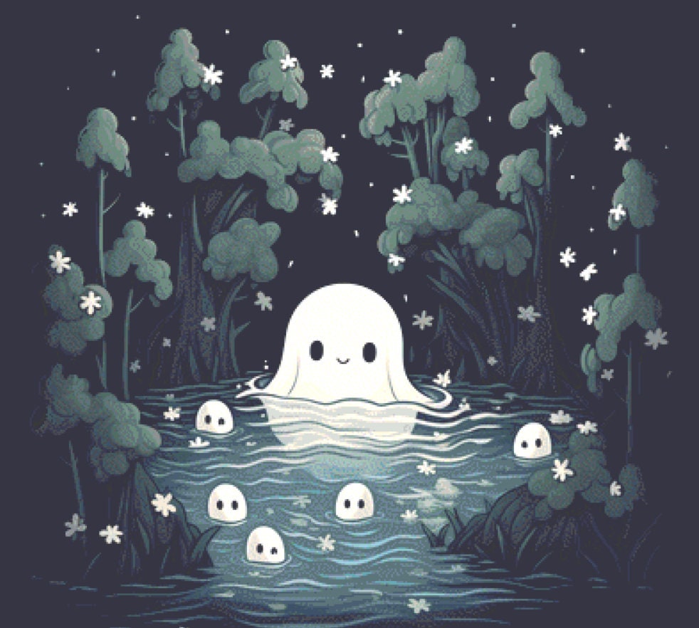 Cute Ghost in a Pond cross stitch pattern by Serr.Kai A Quill & Ink