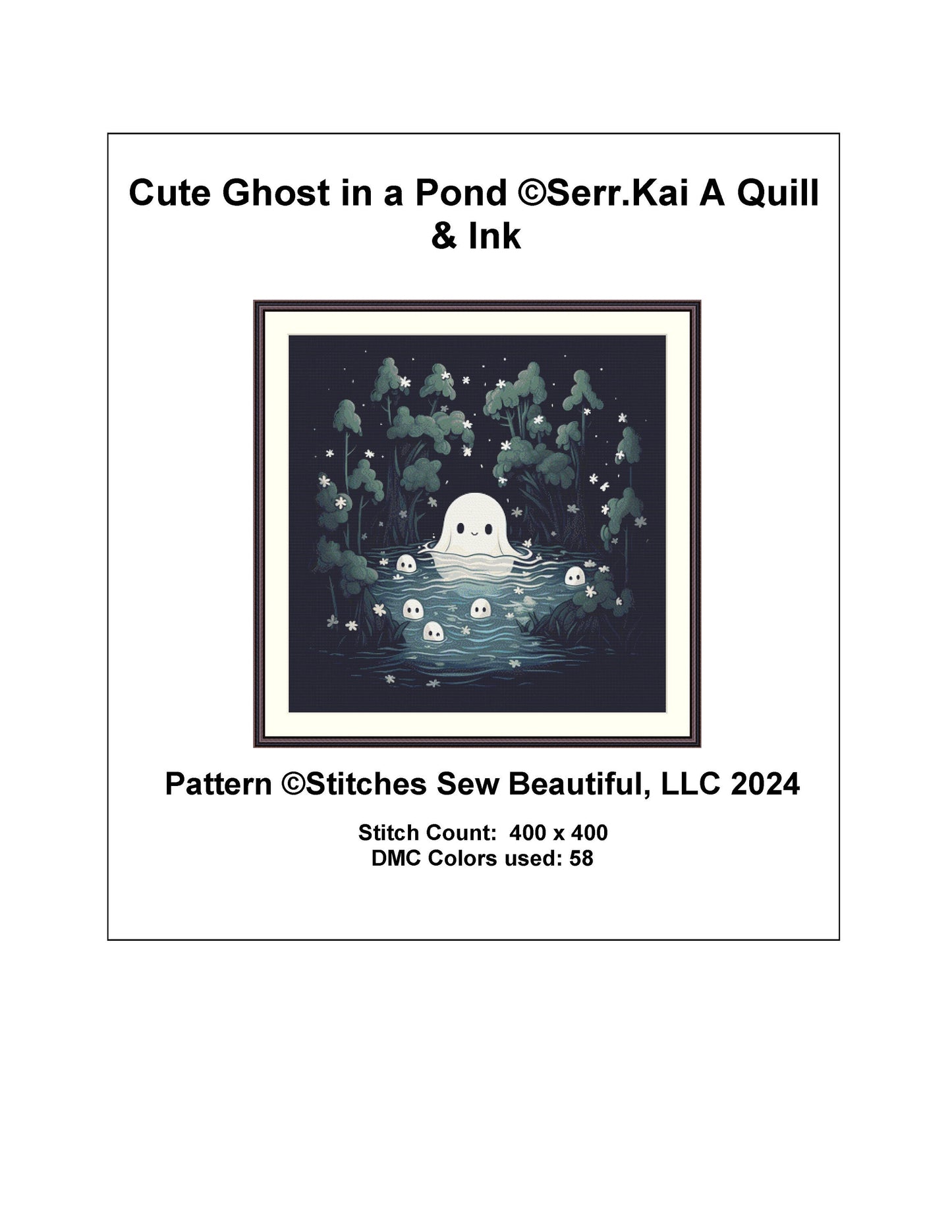 Cute Ghost in a Pond cross stitch pattern by Serr.Kai A Quill & Ink