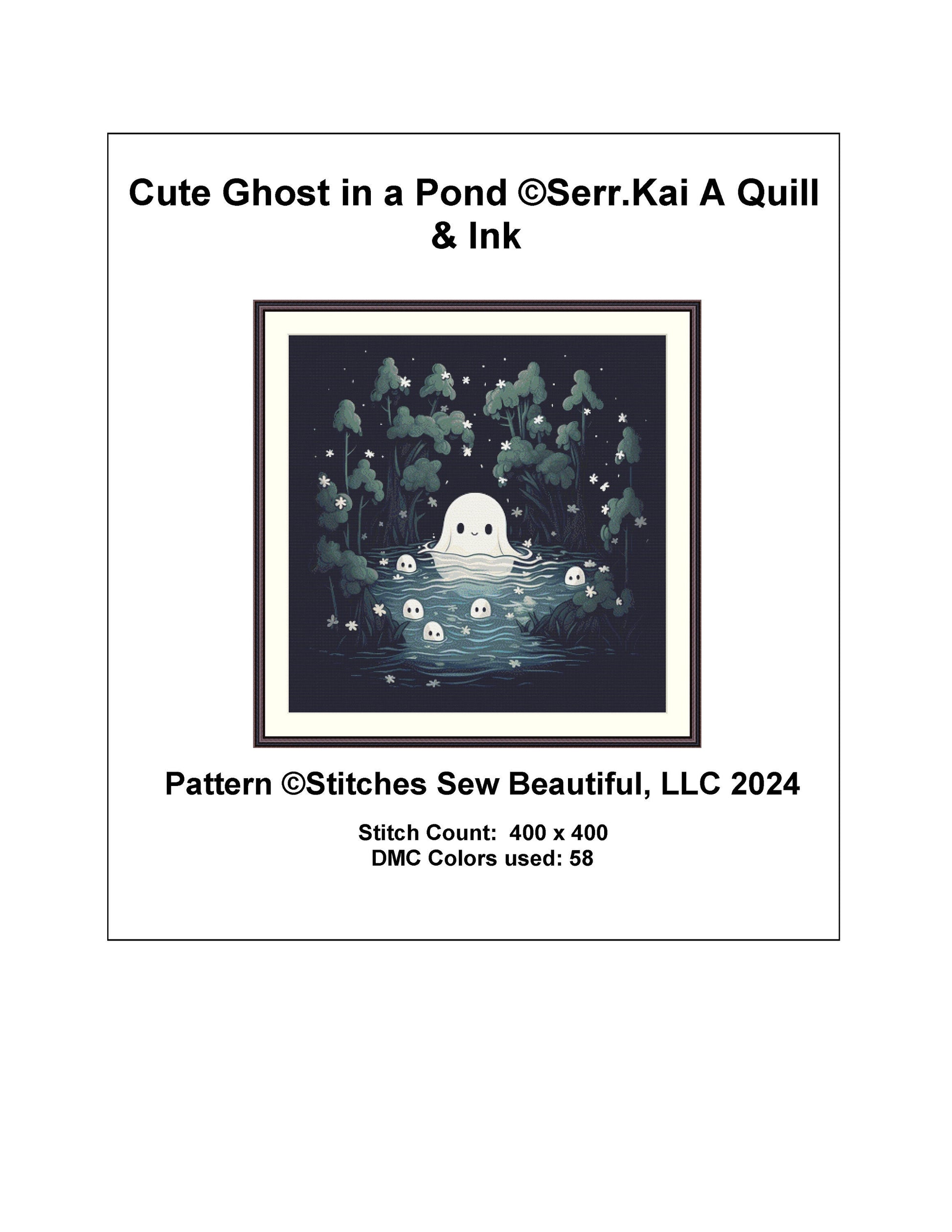 Cute Ghost in a Pond cross stitch pattern by Serr.Kai A Quill & Ink