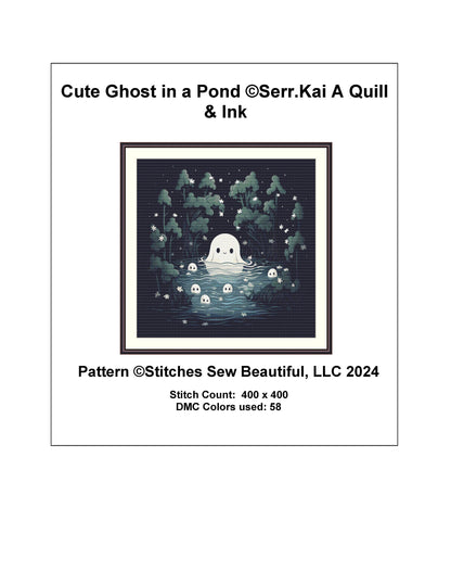 Cute Ghost in a Pond cross stitch pattern by Serr.Kai A Quill & Ink