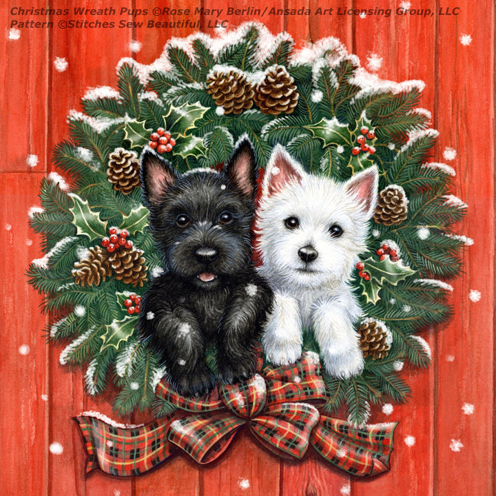 Christmas Wreath Pups cross stitch pattern by Rose Mary Berlin/Ansada Art Licensing Group, LLC.
