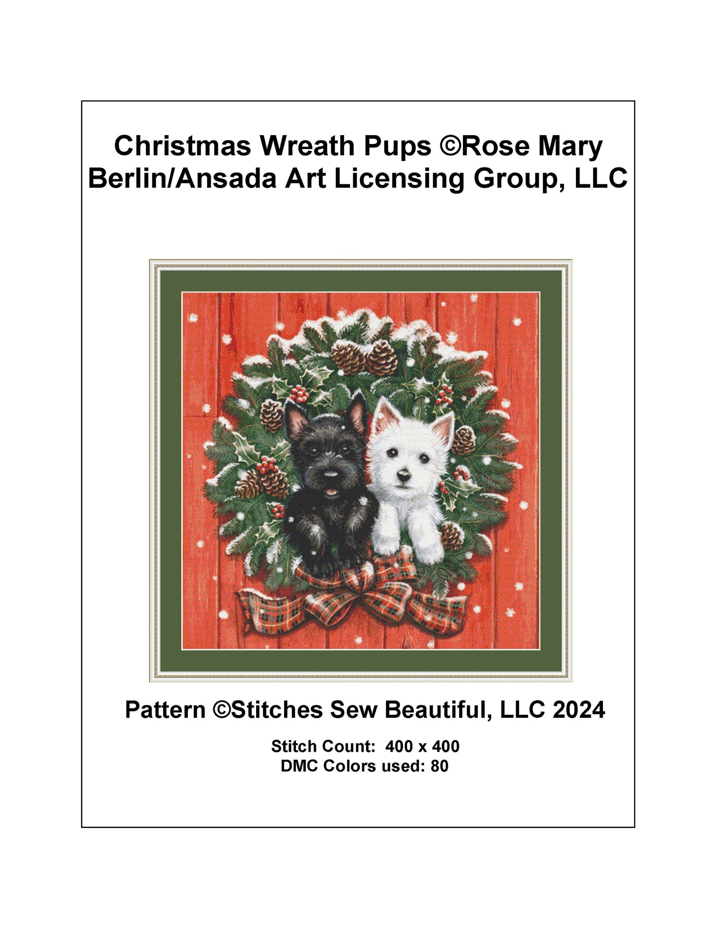 Christmas Wreath Pups cross stitch pattern by Rose Mary Berlin/Ansada Art Licensing Group, LLC.