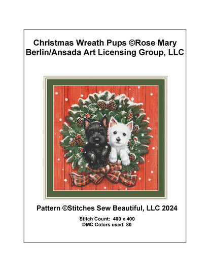 Christmas Wreath Pups cross stitch pattern by Rose Mary Berlin/Ansada Art Licensing Group, LLC.