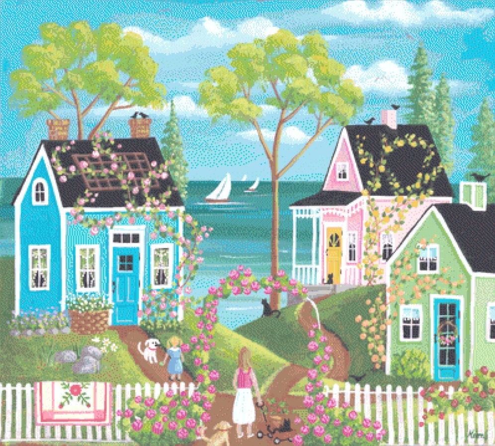 Everythings coming up Roses cross stitch pattern by Kim Leo licensed by JMS Art Licensing