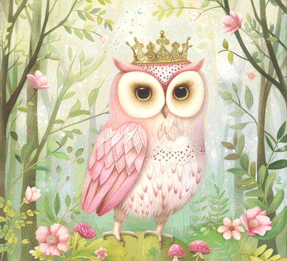 Pink Crowned Owl cross stitch pattern by PassyArt