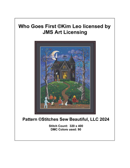 Who Goes First cross stitch pattern by Kim Leo licensed by JMS Art Licensing
