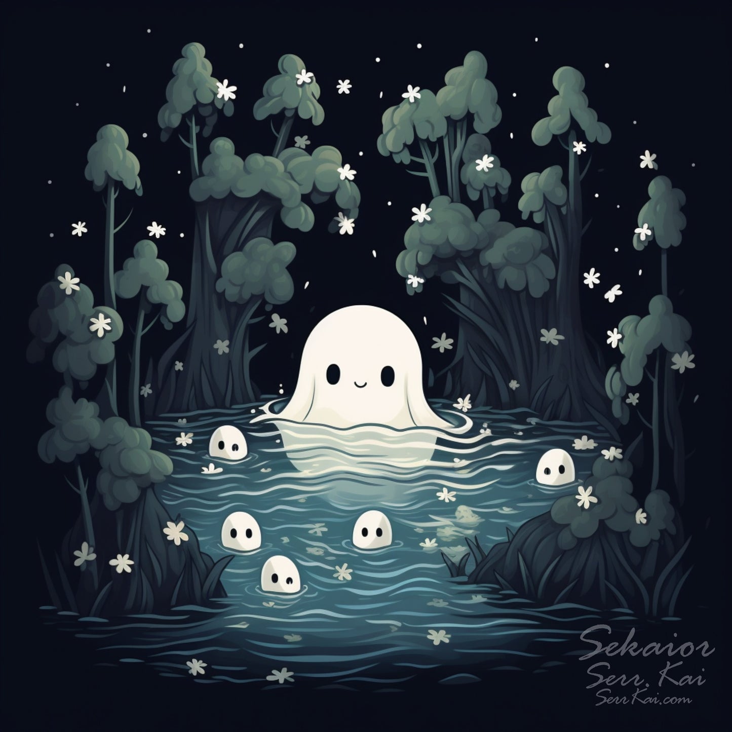 Cute Ghost in a Pond cross stitch pattern by Serr.Kai A Quill & Ink