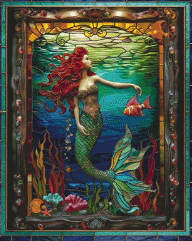 Stained Glass Mermaid 1 cross stitch pattern by IvyCottageHome