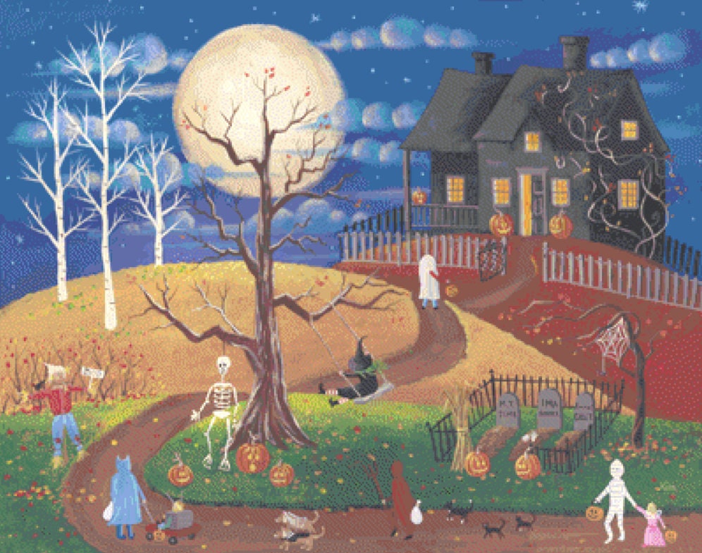 Happy Hauntings (Max Colors) cross stitch pattern by Kim Leo licensed by JMS Art Licensing